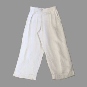 Tahari White Crinkled Linen Casual Summer Vacation Wide Leg Pants, Womens Size L